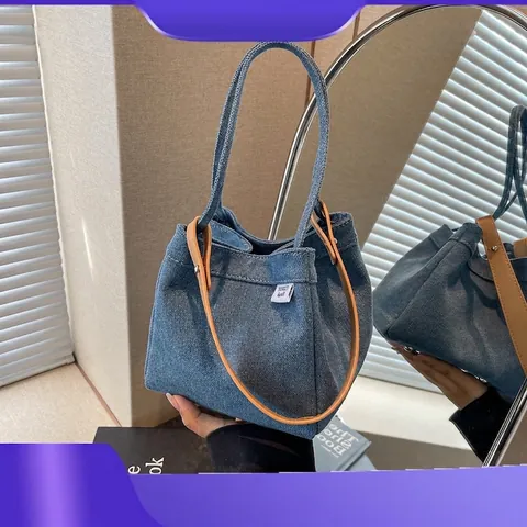 Retro Denim Bucket Bag For Women Fashion Casual Solid Color Handbag With PU Leather Handle Shoulder Bag Tote Purse
