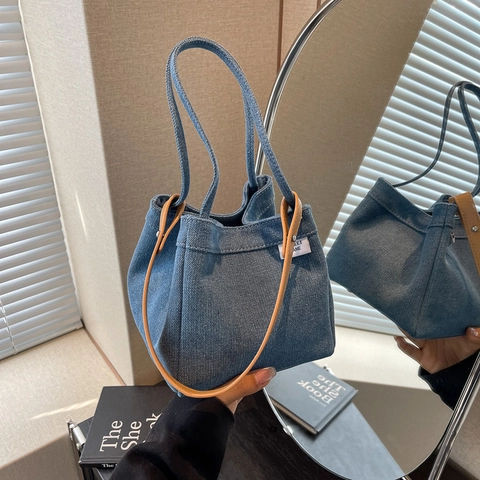 Retro Denim Bucket Bag For Women Fashion Casual Solid Color Handbag With PU Leather Handle Shoulder Bag Tote Purse