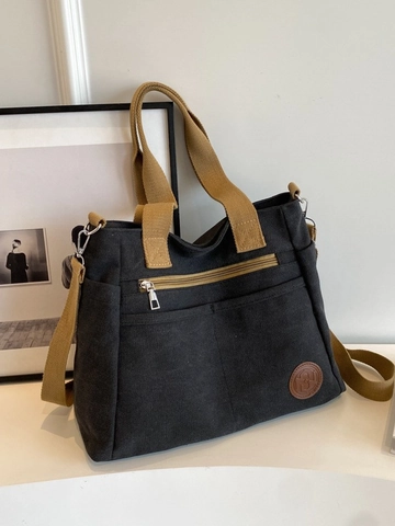 Grand Sac Cabas en Toile pour Femmes Sac Bandoulière Décontracté Avec Sangles Contrastées et Patch en Cuir pour Travail École