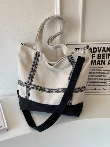 Borsa Tote in Tela Grande Capacità Con Nastro Ricamato a Fiori Etnici Patchwork Con Tracolla Regolabile Donna Borsa per Pendolari Quotidiani