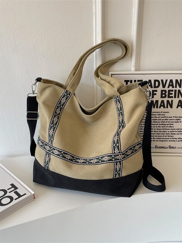 Borsa Tote in Tela Grande Capacità Con Nastro Ricamato a Fiori Etnici Patchwork Con Tracolla Regolabile Donna Borsa per Pendolari Quotidiani