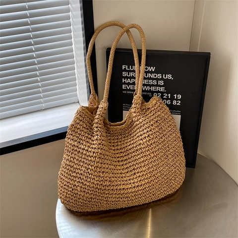 Sac Fourre-tout en Paille Tissé à la Main Grande Capacité Femmes Été Plage Sac à Bandoulière Vacances Décontracté
