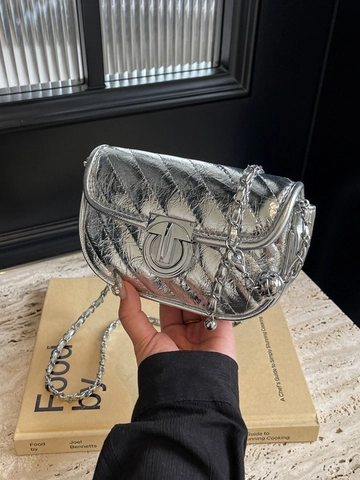 Borsa a Tracolla Donna in Pelle PU Trapuntata Metallizzata Lucida Piccola Borsa Quadrata Con Catena e Fibbia Rotonda