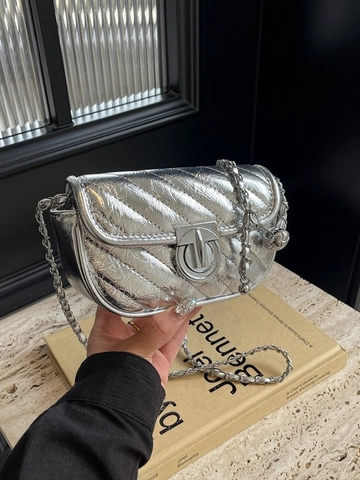 Borsa a Tracolla Donna in Pelle PU Trapuntata Metallizzata Lucida Piccola Borsa Quadrata Con Catena e Fibbia Rotonda