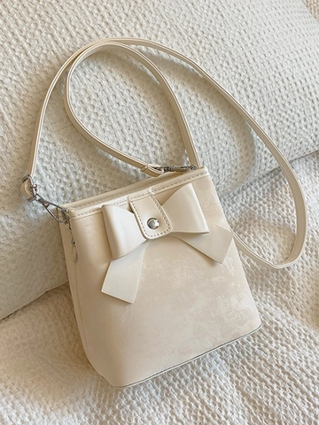 Women Bow Bucket Bag PU Leather Sweet Crossbody Shoulder Bag With Adjustable Strap For Daily Fashion Silver Black Pink