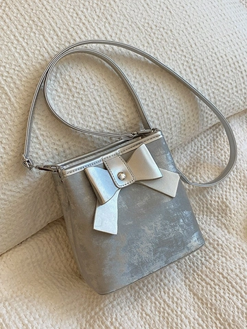 Women Bow Bucket Bag PU Leather Sweet Crossbody Shoulder Bag With Adjustable Strap For Daily Fashion Silver Black Pink