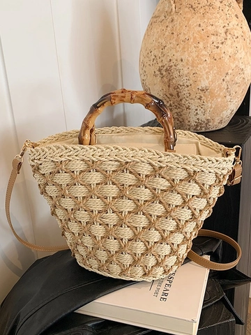 Fashion Woven Straw Crossbody Bag For Women With Natural Bamboo Handle Retro Summer Beach Holiday Handbag Casual Shoulder Bag
