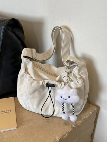 Women Casual Pleated Shoulder Bag Large Capacity Crossbody Bag With Cloud Pendant Fashion Drawstring Crinkled Commuter Handbag