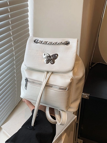 Women Fashion PU Leather Backpack Butterfly Buckle Chain Decor Crocodile Pattern Metallic Silver Black White Daypack