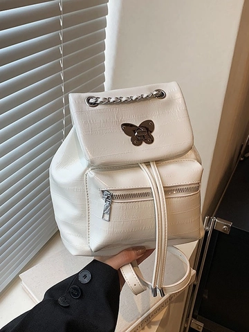 Women Fashion PU Leather Backpack Butterfly Buckle Chain Decor Crocodile Pattern Metallic Silver Black White Daypack
