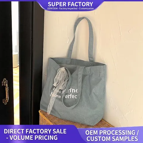 Women Denim Tote Bag Large Capacity Shoulder Bag Embroidery Letter Lace Bow Decor Casual Underarm Canvas Handbag
