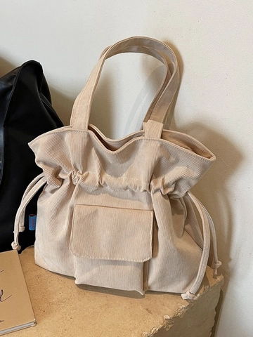 Bolso Tote de Pana para Mujer Gran Capacidad Cordón Bolso de Hombro Con Bolsillo Frontal Casual Retro Artístico Viaje Handbag