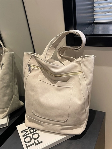 Large Capacity Canvas Tote Bag For Women Vintage Minimalist Shoulder Bag With Contrast Stitching And Zipper Closure For Daily Commute College