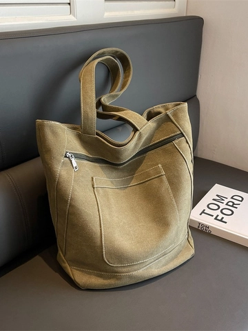 Large Capacity Canvas Tote Bag For Women Vintage Minimalist Shoulder Bag With Contrast Stitching And Zipper Closure For Daily Commute College