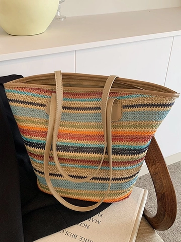 Borsa Tote Grande Capacità Boema a Righe Multicolore in Paglia Intrecciata Per Donna Manico in Pelle PU Borsa a Spalla