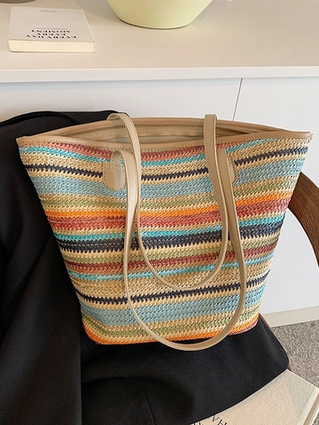Borsa Tote Grande Capacità Boema a Righe Multicolore in Paglia Intrecciata Per Donna Manico in Pelle PU Borsa a Spalla