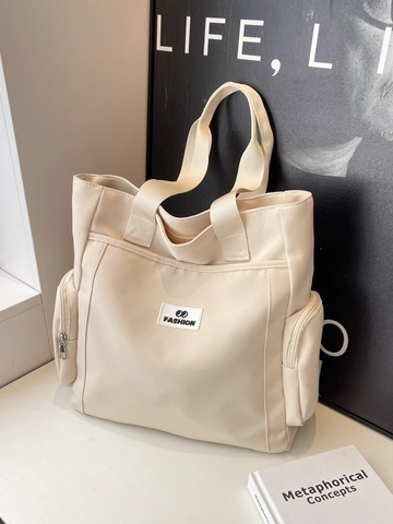 Women Casual Canvas Tote Bag Large Capacity Multi-Pocket Shoulder Bag For School Commute Fashion Letter Patch Handbag