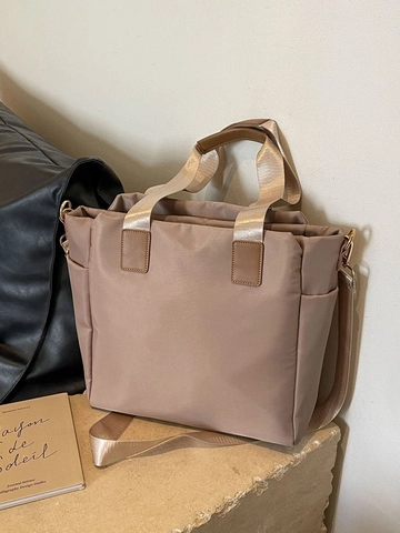 Women Large Capacity Nylon Tote Bag Casual Commuting Shoulder Bag With Adjustable Strap Solid Color Handbag For Students