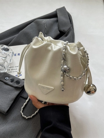 Women Fashion PU Leather Drawstring Bucket Bag High End Minimalist Chain Strap Crossbody Bag With Metal Ball Pendant