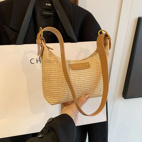 Damen Sommer Gewebte Unterarm Schultertasche Mode PU Leder Geflochtene Crescent Hobo Bag Casual Umhängetasche Gold Beschläge