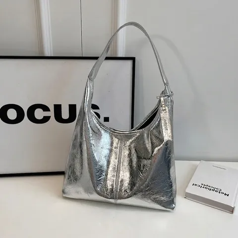 Borsa a Spalla Metallizzata Donna Grande Capacità Hobo in Pelle PU Pieghettata Tote Sottoascellare alla Moda