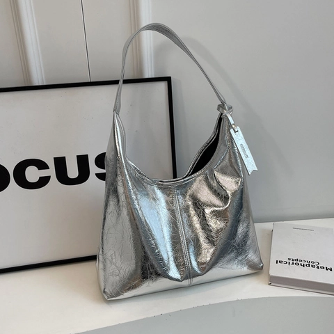 Borsa a Spalla Metallizzata Donna Grande Capacità Hobo in Pelle PU Pieghettata Tote Sottoascellare alla Moda