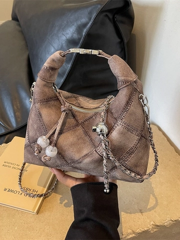 Borsa Hobo da Donna Retro in Pelle PU Trapuntata a Rombi Piccola Borsa a Tracolla Con Catena e Ciondolo a Sfera Borsa a Mano
