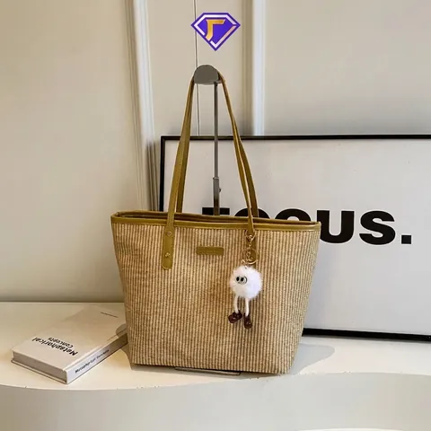 Damen Große Kapazität Stroh Gewebte Tragetasche Sommer Strand Reisen Schultertasche Mit Plüsch Monster Anhänger Reißverschluss Handtasche