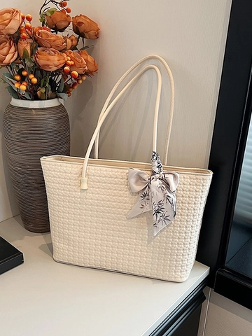 Minimalist Woven Tote Bag For Women Large Capacity Shoulder Bag With Satin Scarf Decor Elegant Commuting Shopping Handbag