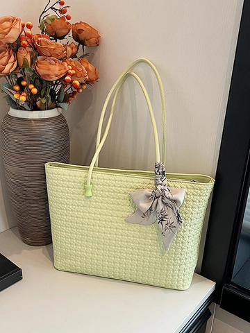 Minimalist Woven Tote Bag For Women Large Capacity Shoulder Bag With Satin Scarf Decor Elegant Commuting Shopping Handbag