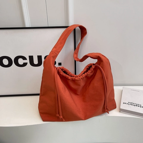 Sac Fourre-tout Décontracté en Toile à Cordon pour Femmes Grande Capacité Sac à Bandoulière Couleur Unie Mode Simple Sac à Main de Voyage