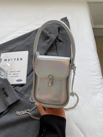 Damen Mode Kleine Quadratische Umhängetasche Metallische Textur PU Leder Handtasche Schillernde Kette Schultertasche Minimalistisch