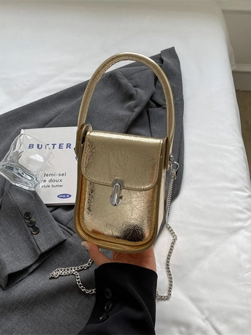 Damen Mode Kleine Quadratische Umhängetasche Metallische Textur PU Leder Handtasche Schillernde Kette Schultertasche Minimalistisch