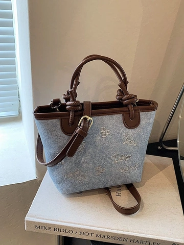 Women Vintage Denim Bucket Bag With White Floral Embroidery Brown PU Leather Knot Handle Casual Crossbody Shoulder Tote Bag