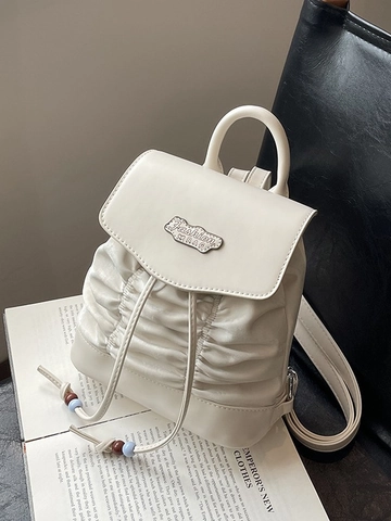 Damen Mini Falten Rucksack PU Leder Kordelzug Rucksack Mit Perlenanhänger Mode Klappdeckel Schultertasche Für Mädchen