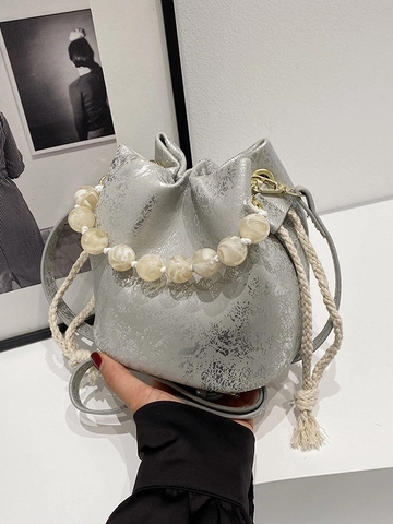 Women Pleated PU Leather Bucket Bag With Pearl Beaded Handle Drawstring Adjustable Shoulder Strap Crossbody Handbag Fashion
