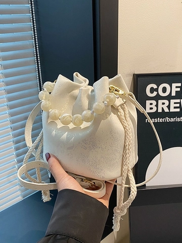 Women Pleated PU Leather Bucket Bag With Pearl Beaded Handle Drawstring Adjustable Shoulder Strap Crossbody Handbag Fashion