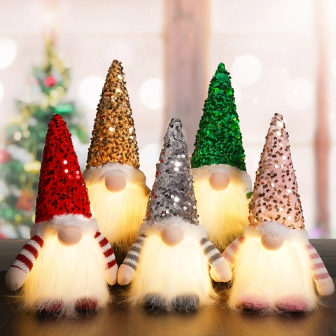 Gnome de Noël Lumineux à Paillettes Ornement Poupée Sans Visage Gnome en Peluche Avec Base en Bois pour Décoration de Fête Maison