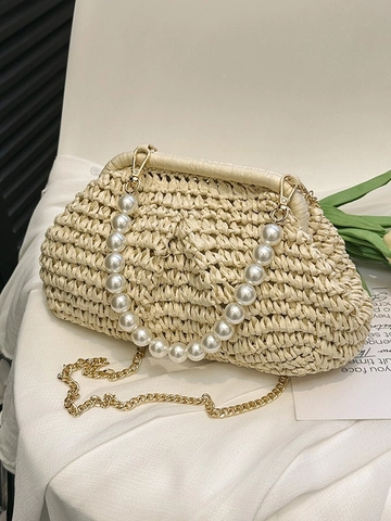Sac Bandoulière en Paille Tissée pour Femmes avec Poignée en Künstliche Perles et Chaîne Dorée pour Vacances à la Plage Style Décontracté