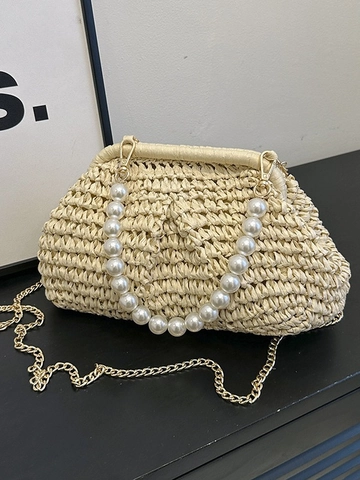 Sac Bandoulière en Paille Tissée pour Femmes avec Poignée en Künstliche Perles et Chaîne Dorée pour Vacances à la Plage Style Décontracté