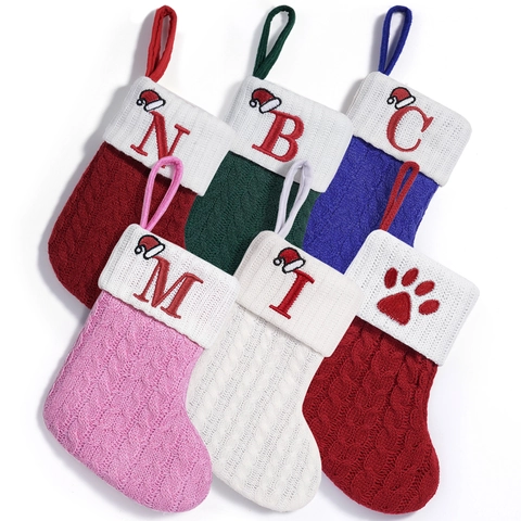 Kabelbreisel Kerstkous Met Geborduurde Letter Pootafdruk Ornament Voor Open Haard Boom Feestelijke Holiday Home Decor