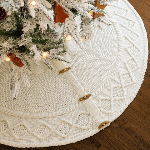 Knitted Christmas Tree Skirt White Cable Knit Tree Apron With Wooden Buttons For Holiday Celebration Home Decor