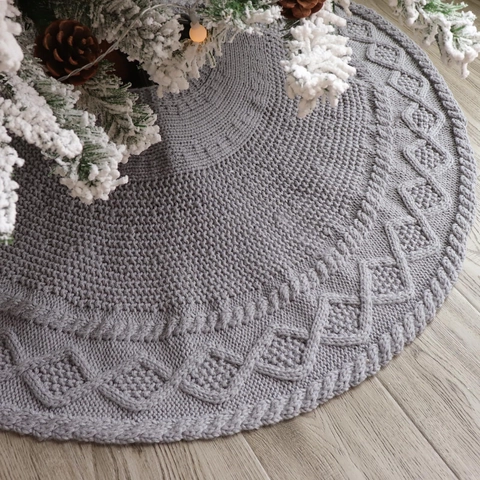 Falda de Árbol de Navidad Tejida Gris Patrón de Ocho y Diamante Cubierta de Base de Árbol Redonda Decoración de Navidad Estilo Nórdico