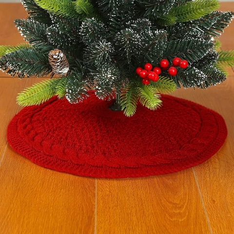 Rote Gestrickte Weihnachtsbaumdecke mit Zopfmuster und Schleifen Weicher Polyester Weihnachtsbaumteppich für Festliche Deko