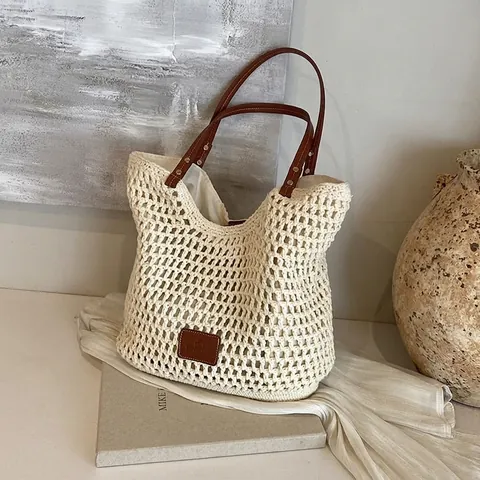 Borsa Tote All'uncinetto Da Donna Con Manico In Pelle PU Borsa Da Spiaggia Traforata Di Grande Capacità Per Le Vacanze Estive