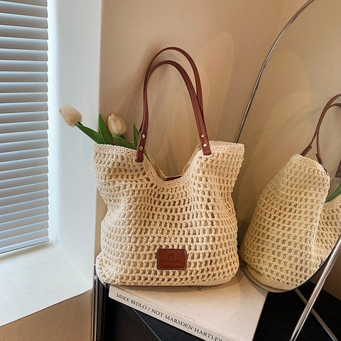 Borsa Tote All'uncinetto Da Donna Con Manico In Pelle PU Borsa Da Spiaggia Traforata Di Grande Capacità Per Le Vacanze Estive