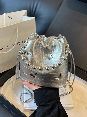 Damen Mode Krokodil Muster PU Leder Beuteltasche Metall Schmetterling Dekor Perlengriff Umhängetasche Schultertasche