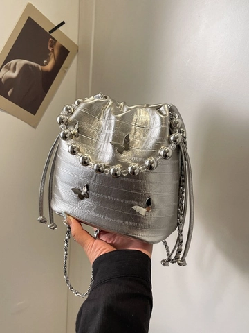 Damen Mode Krokodil Muster PU Leder Beuteltasche Metall Schmetterling Dekor Perlengriff Umhängetasche Schultertasche