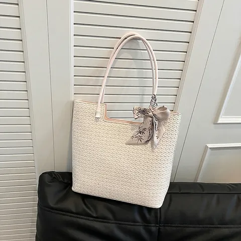 Damen Große Gewebte Textur Tote Tasche PU Leder Schulter Handtasche Mit Dekorativem Seidenschal Schleife Lässige Pendler Tasche
