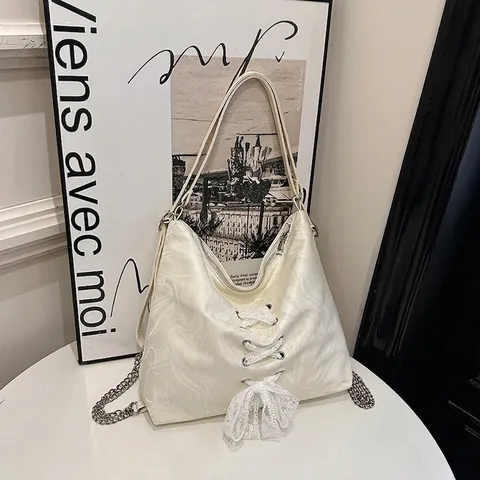Large Tote Bag Women Marble Pattern Shoulder Bag Lace Up Bow Decoration Silver Chain Street Trend Fashion Handbag